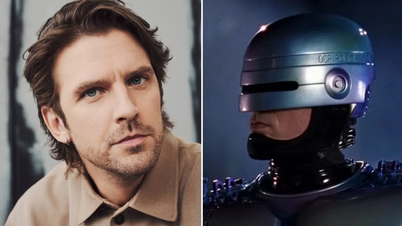 Dan Stevens junto al casco de RoboCop, el papel que interpreta en la serie de Prime Video