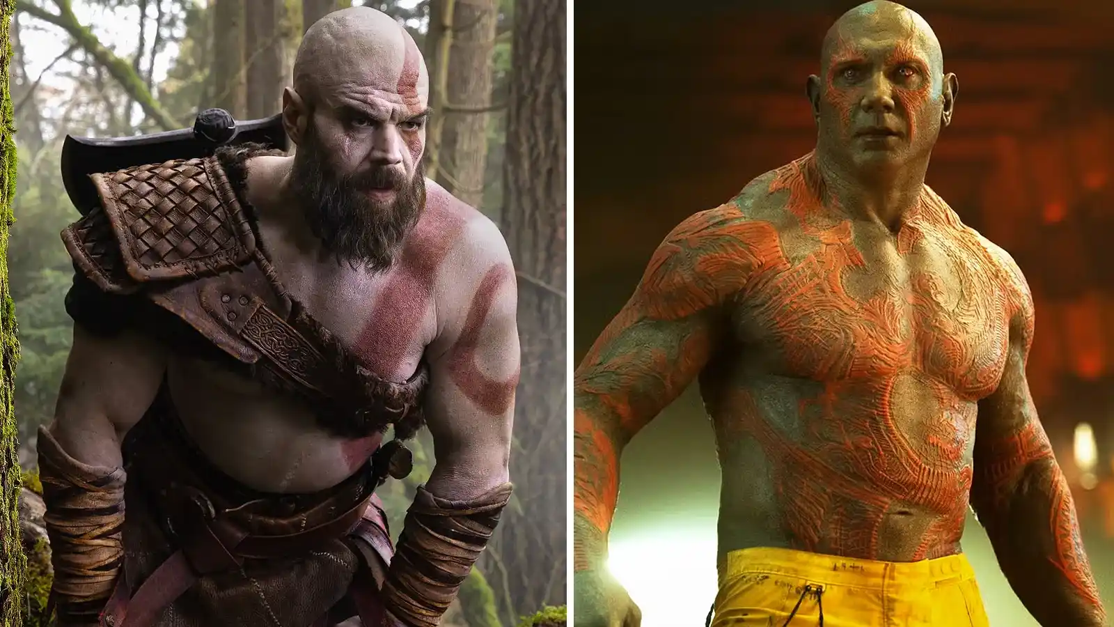 Kratos en God of War junto a Dave Bautista caracterizado como Drax, los dos rostros del posible recast de la serie de Prime Video