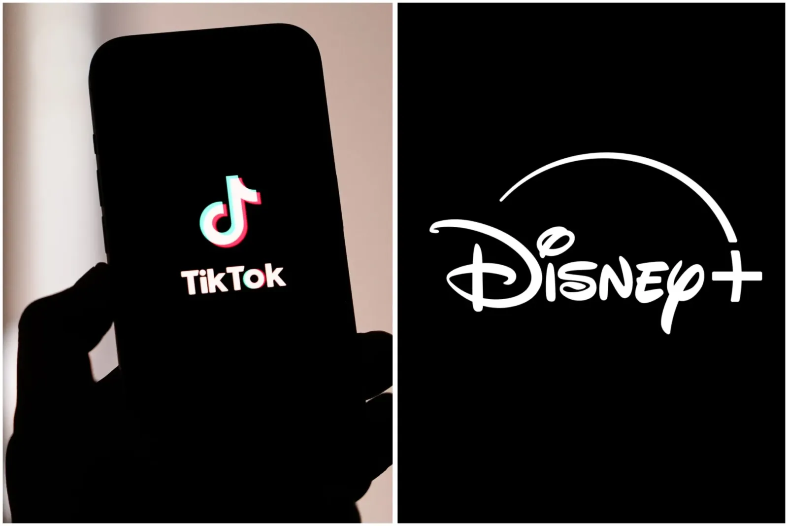 El logo de TikTok en un celular junto al logo de Disney+