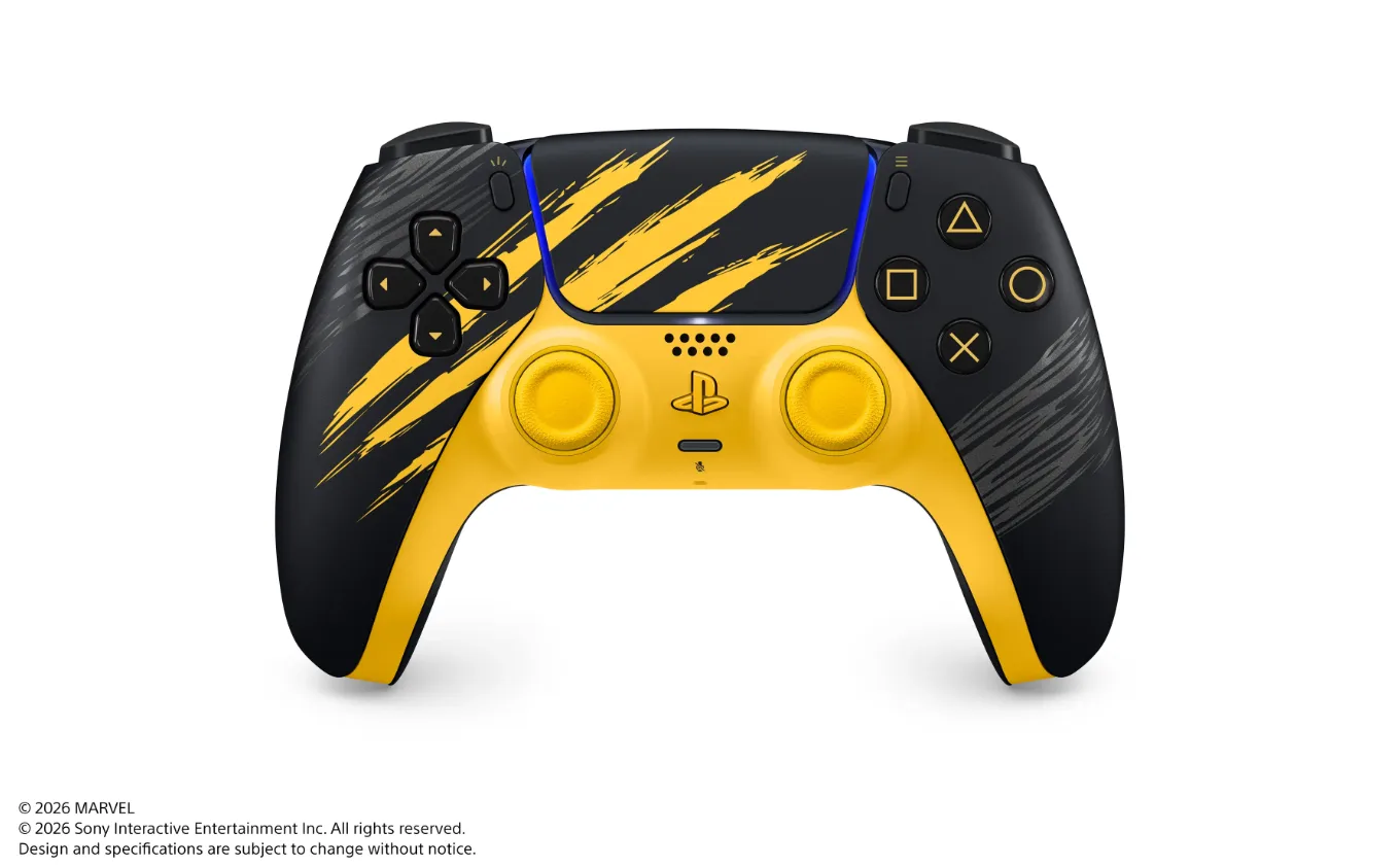Mando DualSense Marvel’s Wolverine Battle Yellow, negro y amarillo con marcas de garras