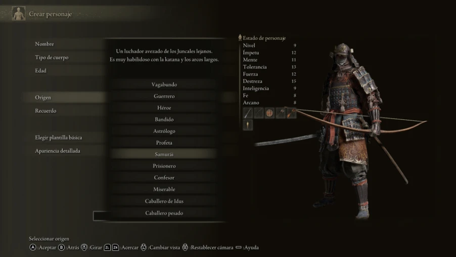 Pantalla de creación de personaje de ELDEN RING Tarnished Edition con la lista de clases iniciales