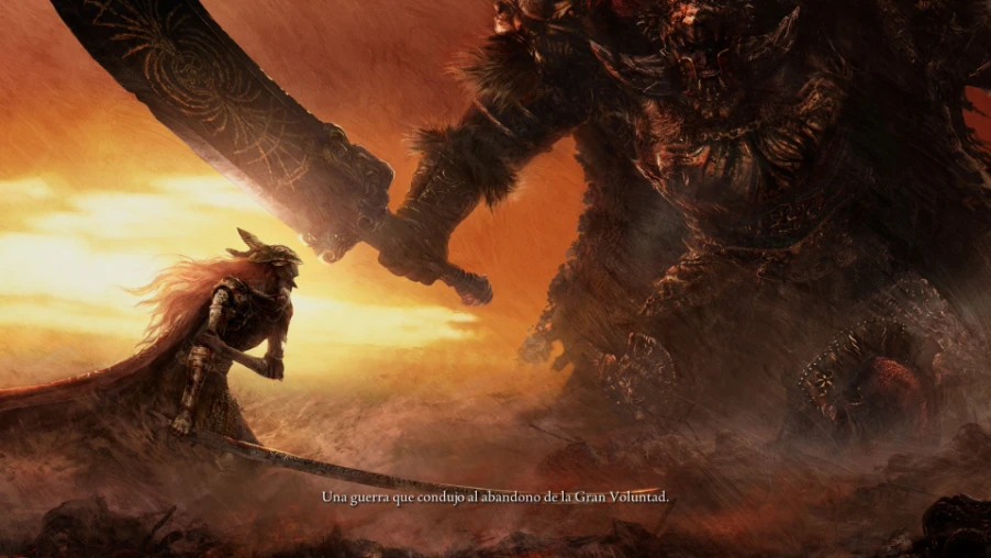 Cinemática de ELDEN RING Tarnished Edition con el Tiznado frente a un enemigo colosal armado con un espadón