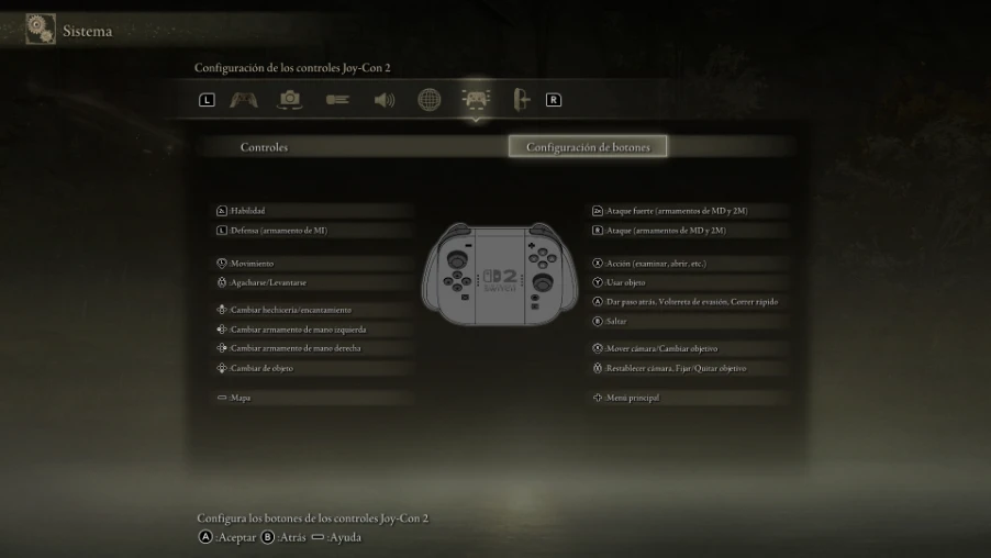 Menú de configuración de controles de Nintendo Switch 2 en ELDEN RING Tarnished Edition