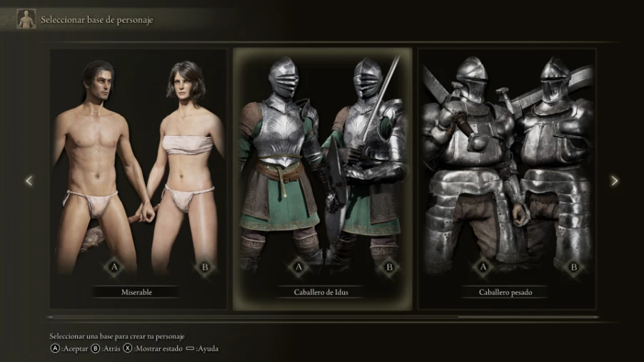 Pantalla de selección de base de personaje en ELDEN RING Tarnished Edition con el Caballero de Idus y el Caballero pesado