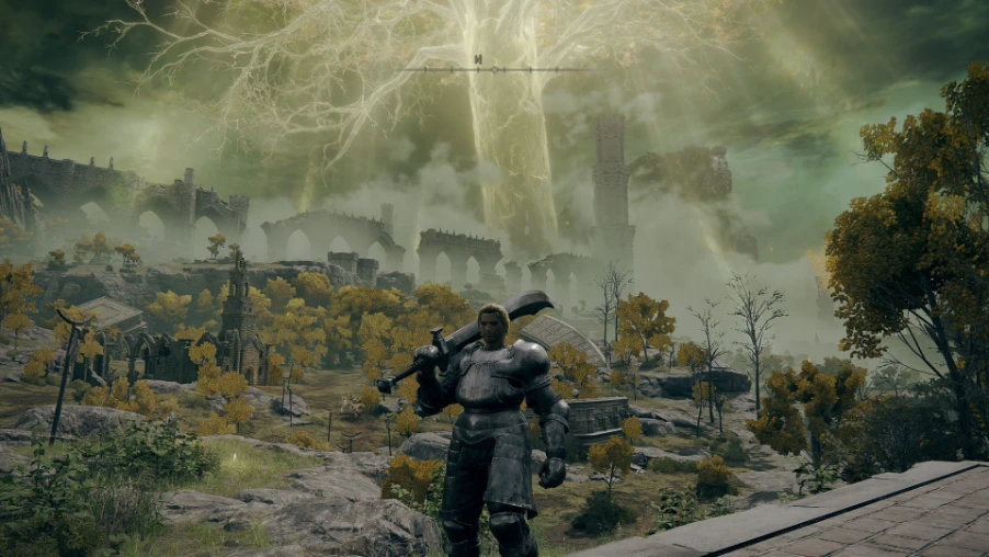 Bosque iluminado por el Árbol Áureo con el personaje en primer plano en ELDEN RING Tarnished Edition