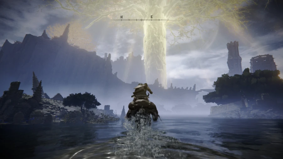 El Tiznado montado en Torrent frente a un lago con haces de luz en ELDEN RING Tarnished Edition