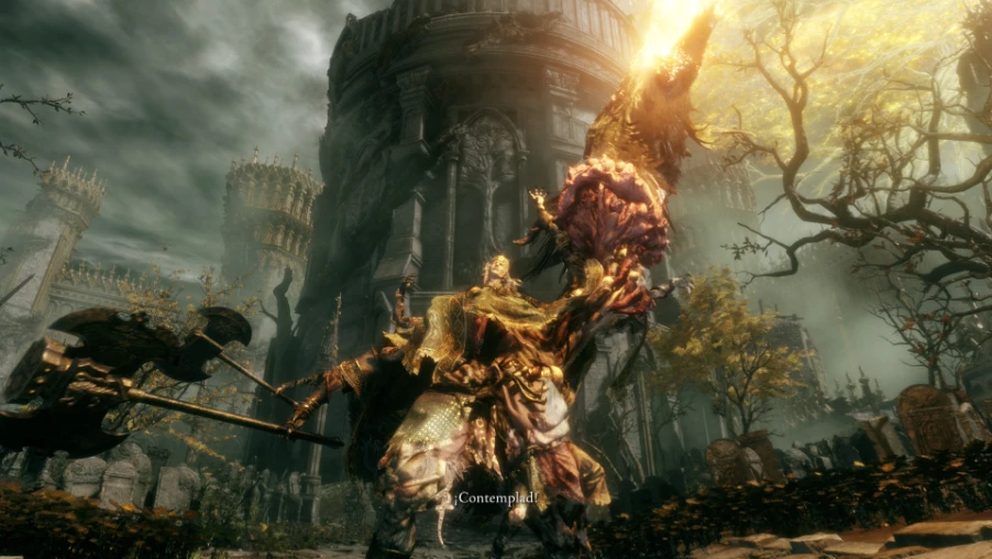 Combate contra un jefe dorado en ELDEN RING Tarnished Edition, con las ruinas del Árbol Áureo de fondo