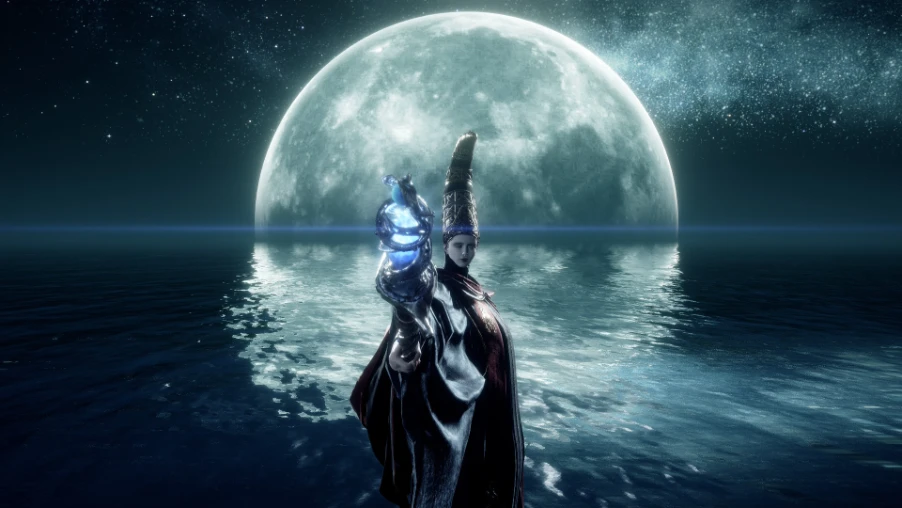 Personaje frente a una luna gigante reflejada en el agua en ELDEN RING Tarnished Edition