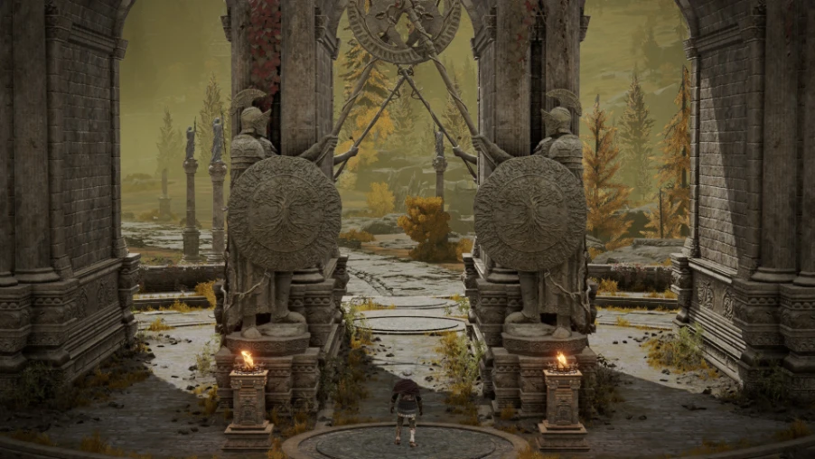 Sitio de gracia entre estatuas y arcos de piedra en ELDEN RING Tarnished Edition