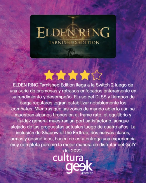 Placa de veredicto de Cultura Geek para ELDEN RING Tarnished Edition con puntaje de cuatro estrellas sobre cinco