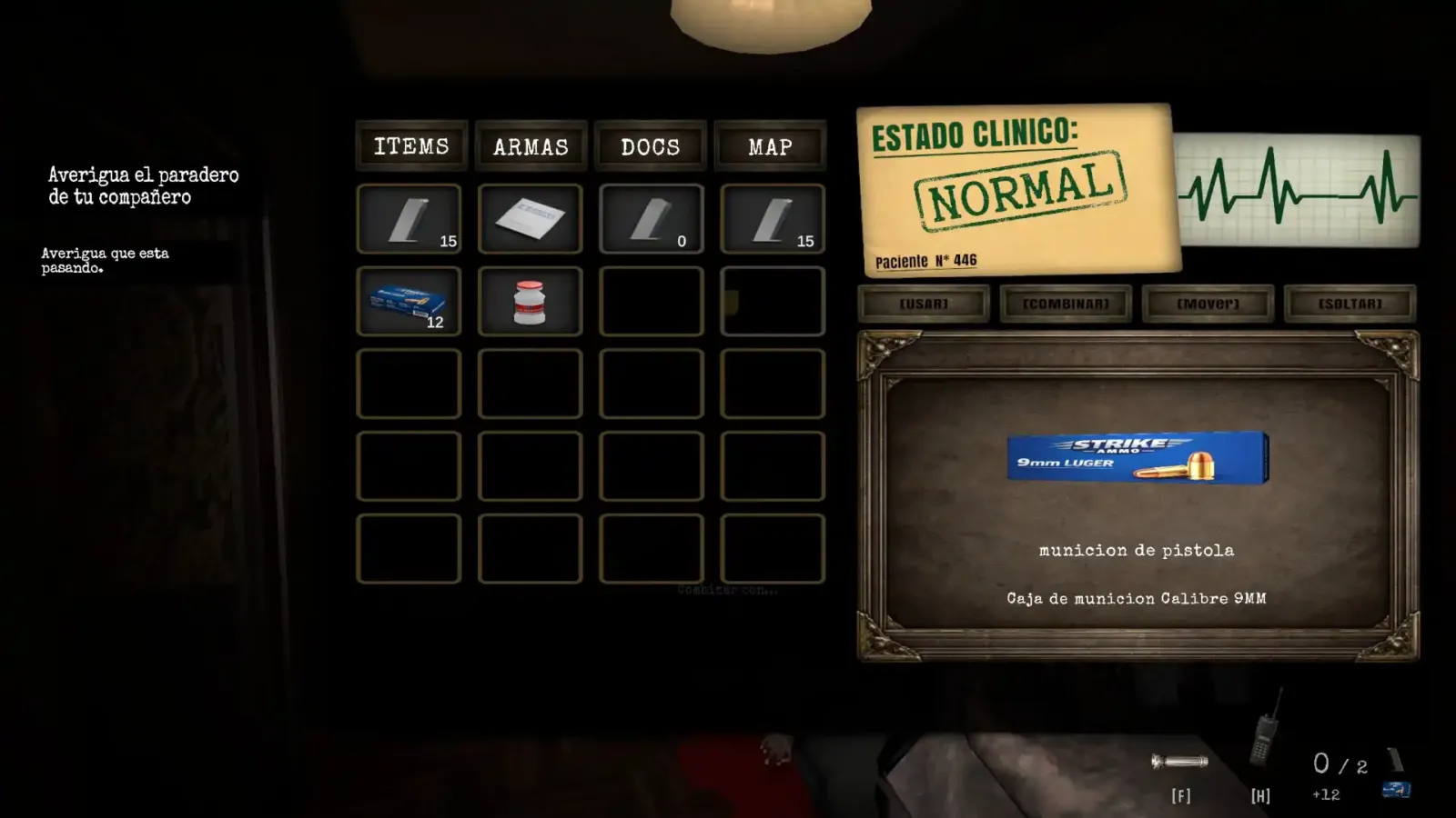 Pantalla de inventario y estado clínico del protagonista en Estancia Protocol Zero