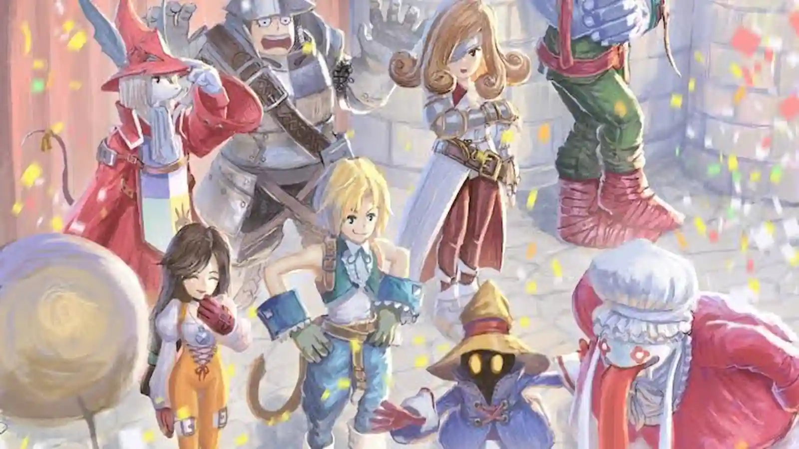 Ilustración del grupo protagonista de Final Fantasy IX, con Yitán, Vivi, Garnet y Steiner