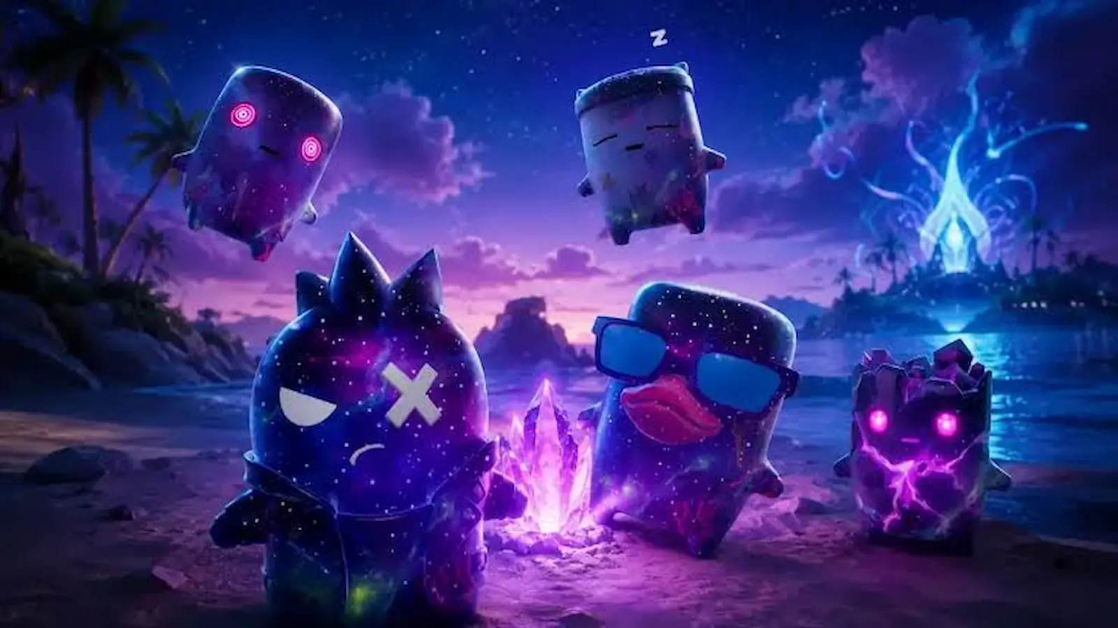 Varios espíritus de Fortnite reunidos alrededor de un cristal brillante en un paisaje nocturno