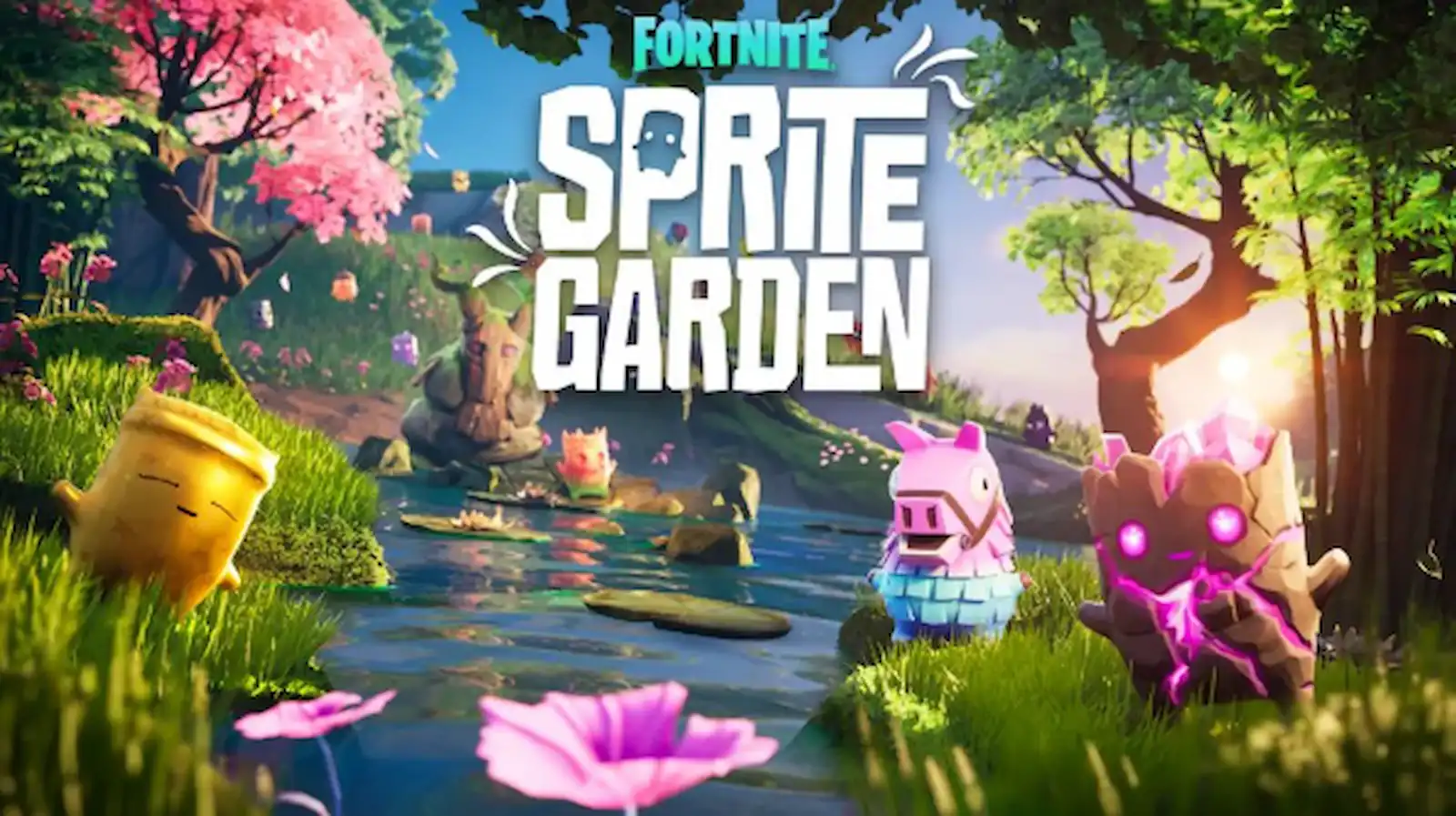Arte oficial del Sprite Garden de Fortnite, con espíritus jugando entre flores, nenúfares y árboles