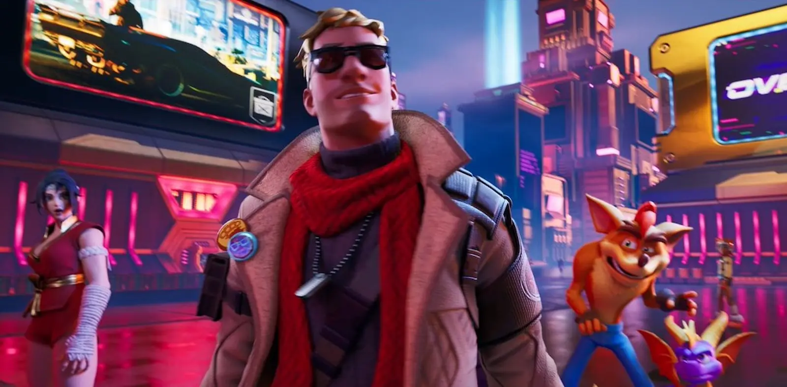 La isla de Fortnite convertida en un salón arcade de neón en la temporada Override, con Crash Bandicoot de fondo