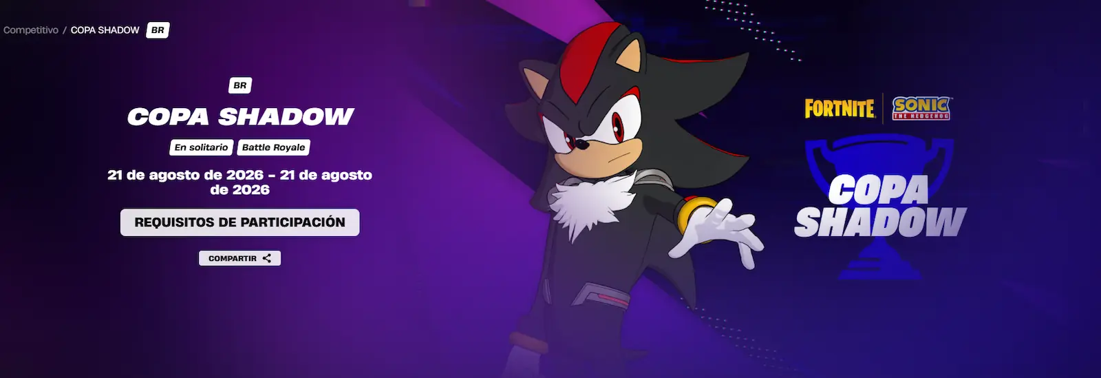 Banner oficial de la Copa Shadow en Fortnite con la fecha del 21 de agosto de 2026