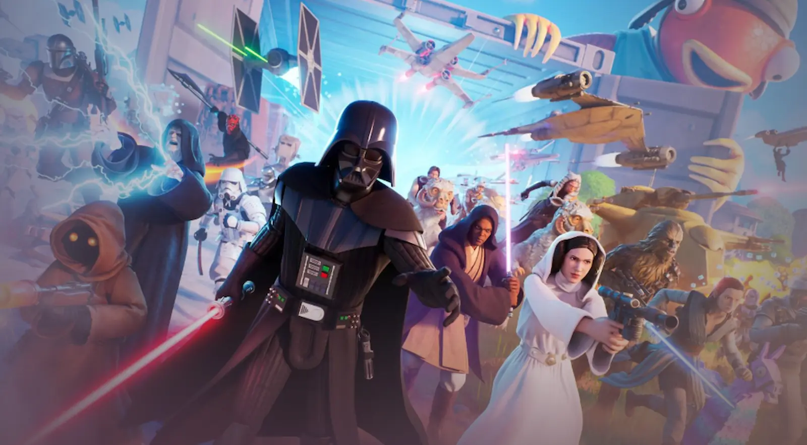 Arte de la colaboración de Star Wars en Fortnite con Darth Vader, Leia, stormtroopers y cazas X-wing