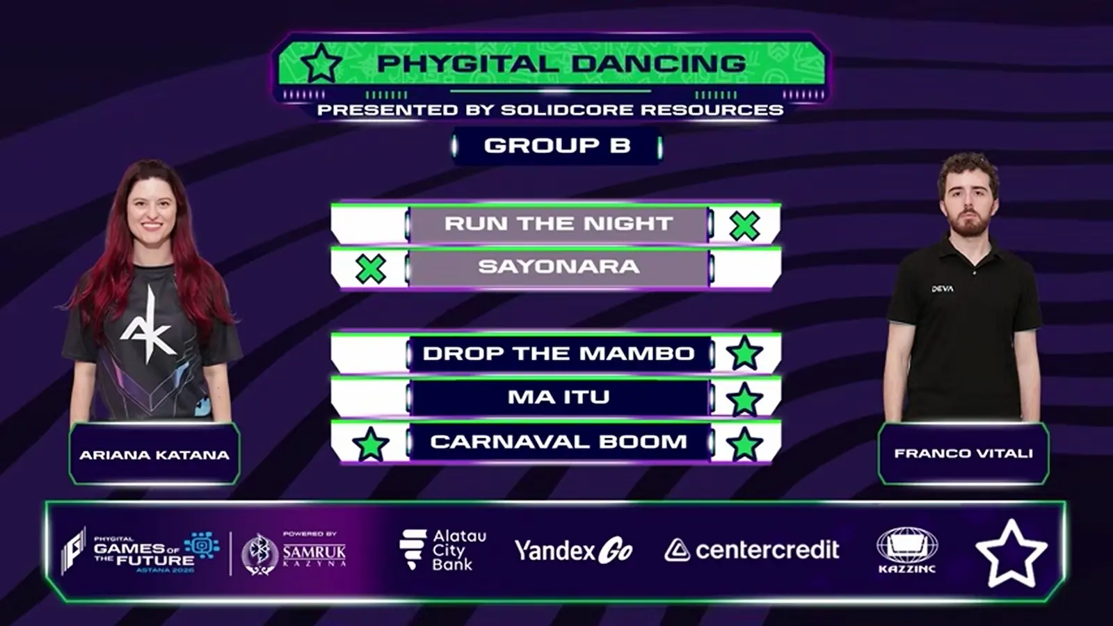 Pantalla del Grupo B de Phygital Dancing en los Games of the Future 2026 con el listado de canciones del cruce de Franco Vitali