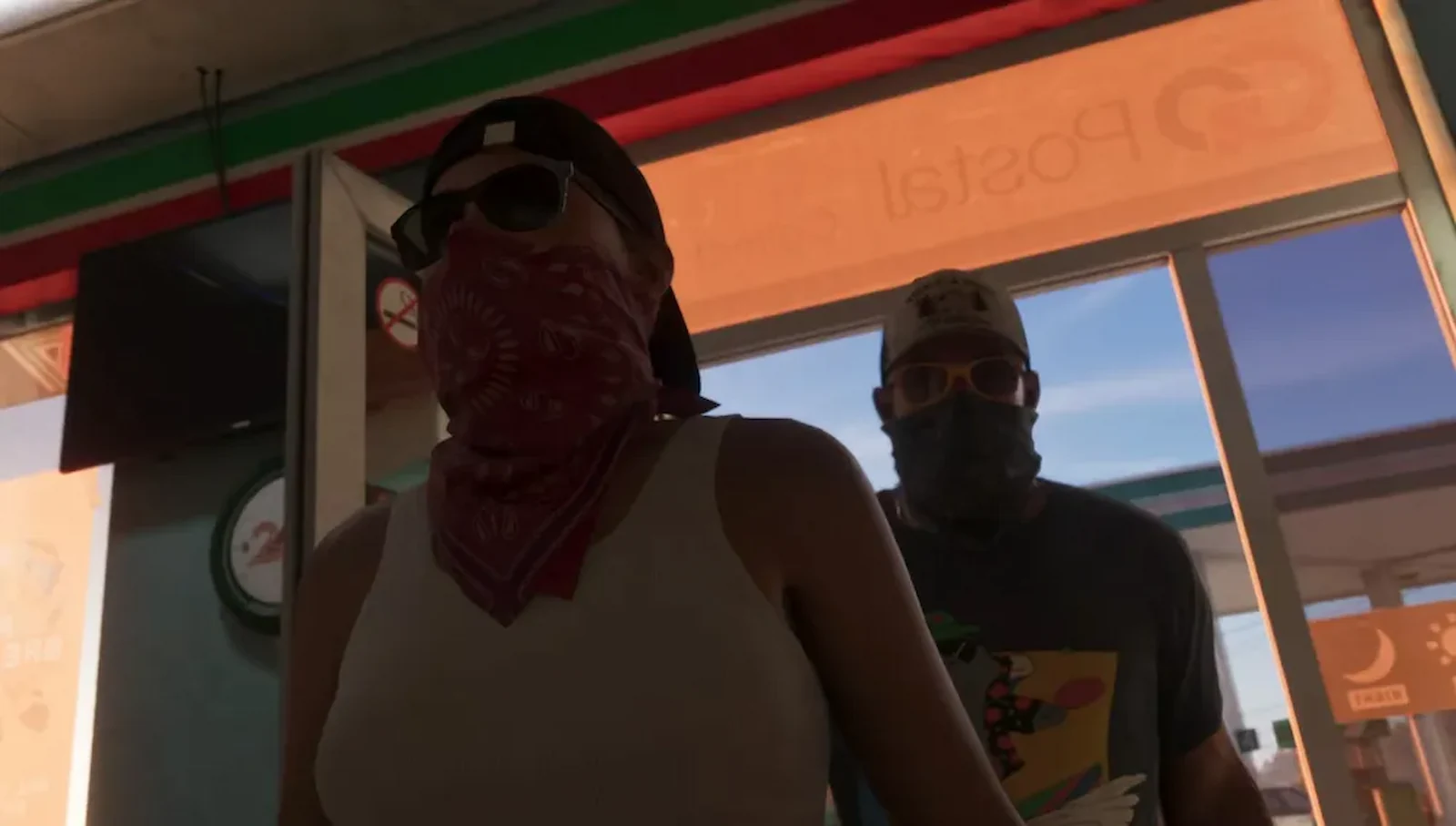 Lucia y Jason con el rostro cubierto durante un asalto a un local en GTA 6