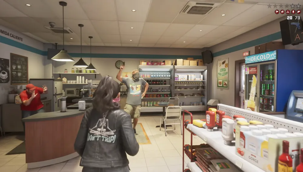 HUD de GTA 6 con el medidor de seis estrellas y los íconos de lo que la policía sabe del jugador durante un asalto