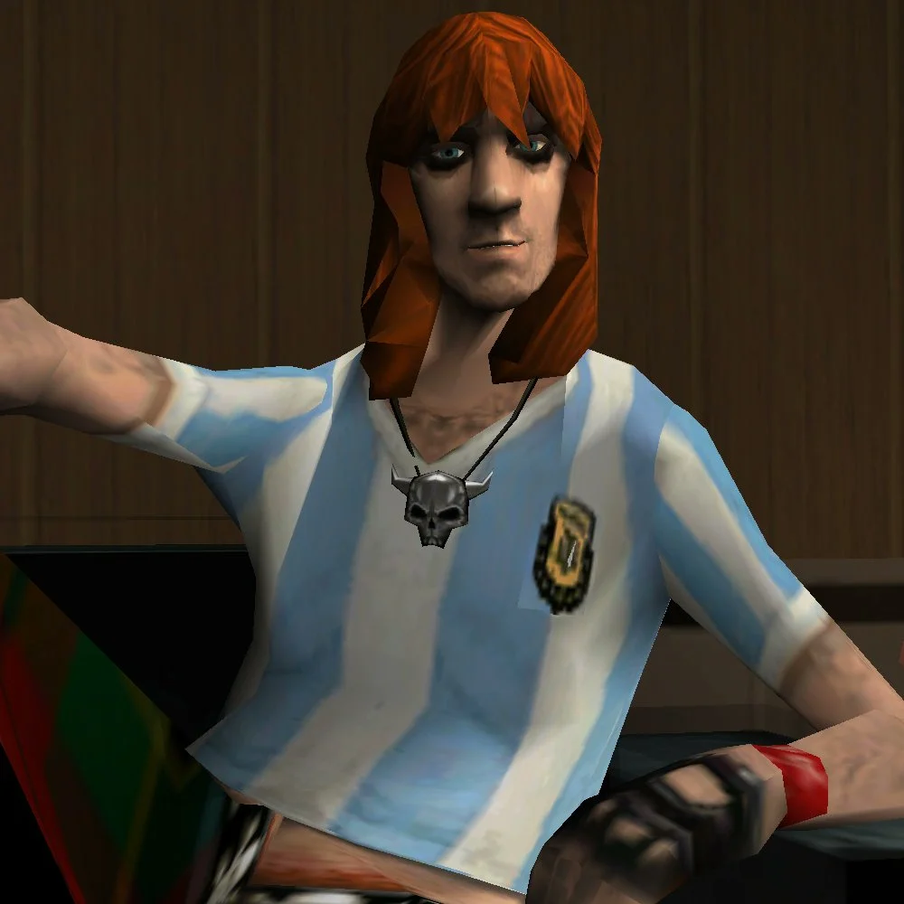 Dick, integrante de la banda Love Fist, con la camiseta de la selección argentina en Grand Theft Auto: Vice City