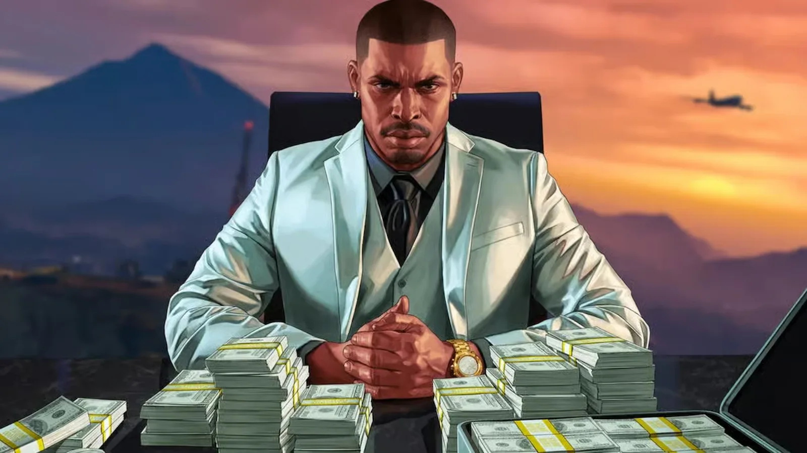 Un ejecutivo trajeado detrás de un escritorio cubierto de fajos de dólares, en el estilo visual de Grand Theft Auto