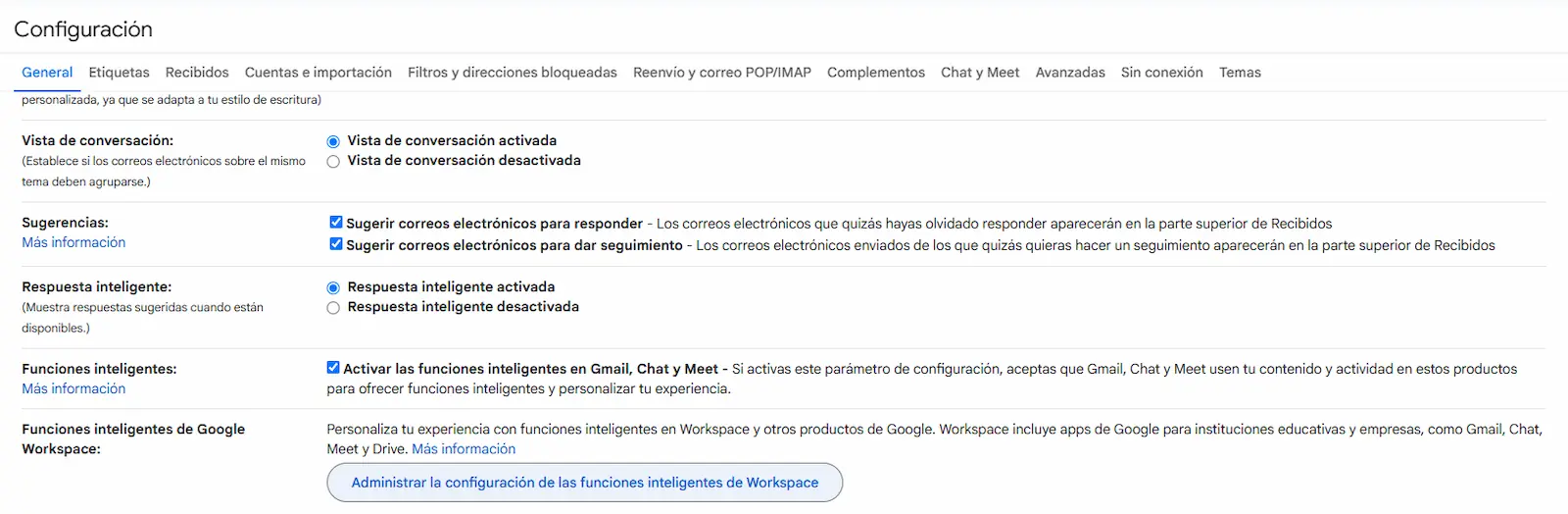 Configuración de Gmail en la pestaña General con las casillas de funciones inteligentes para desactivar Gemini