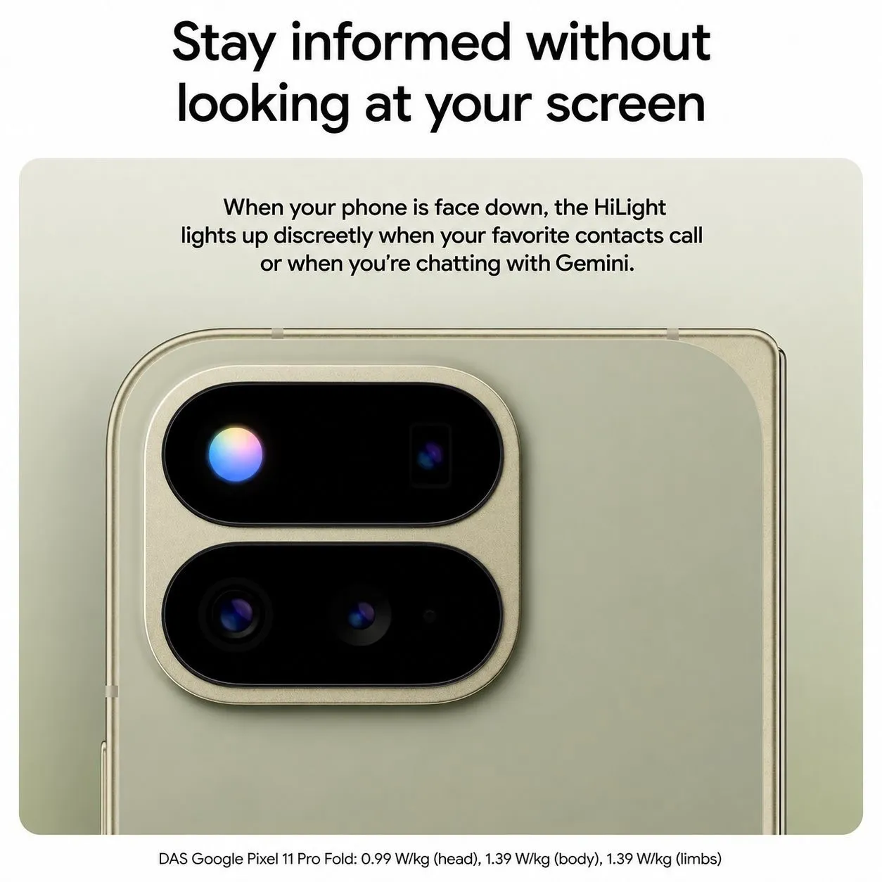 Publicidad oficial de Google que explica HiLight sobre una foto del módulo de cámara del Pixel 11 Pro Fold