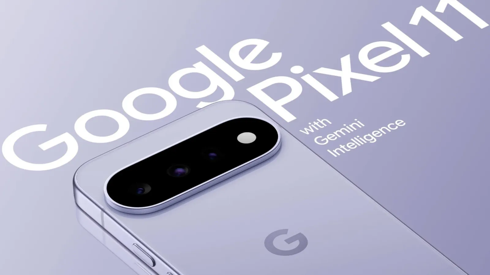 Publicidad oficial del Google Pixel 11 en tono lavanda mostrando el módulo de cámara trasero