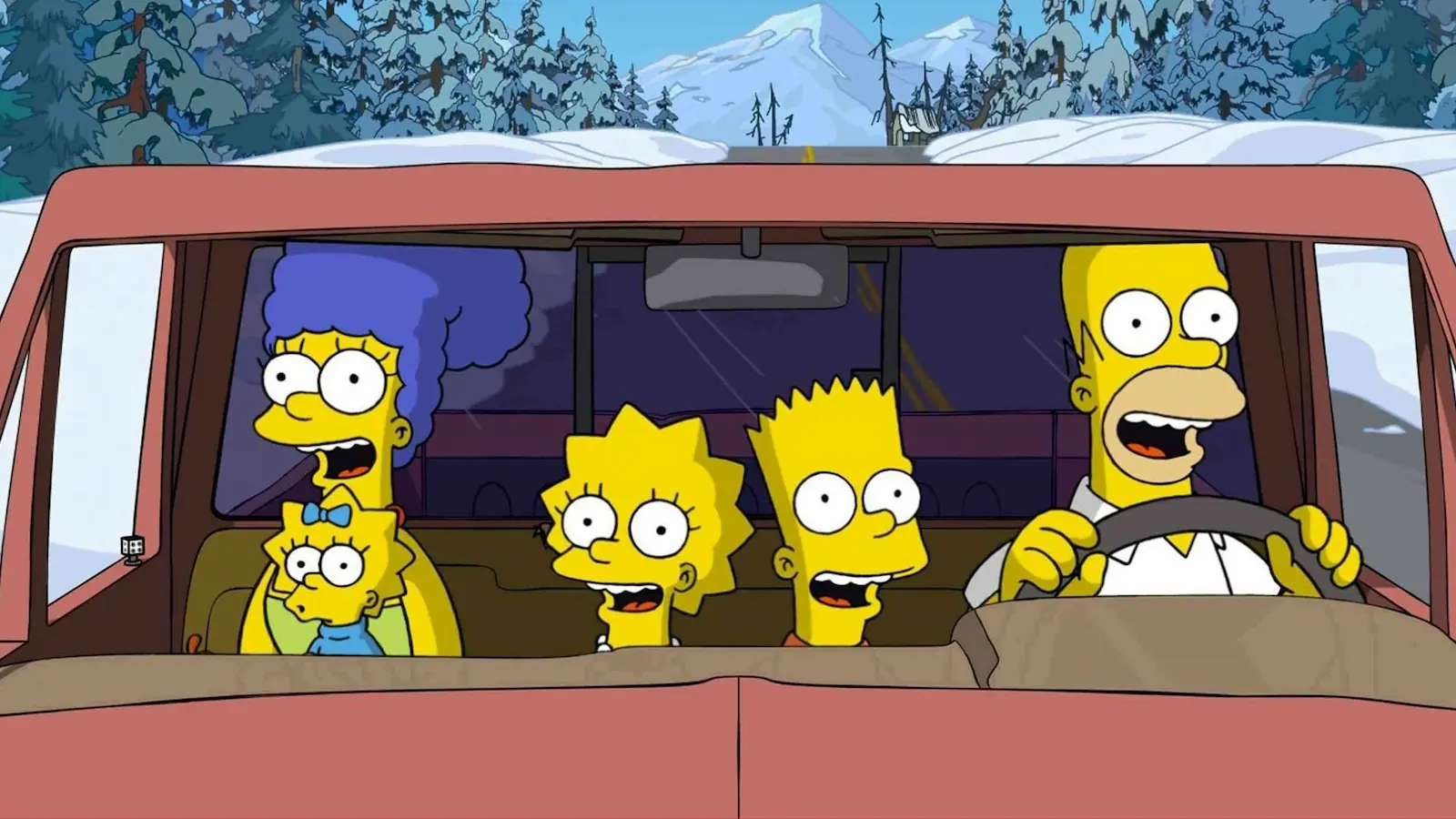La familia Simpson viajando en el auto en un episodio de la serie, con Homero al volante
