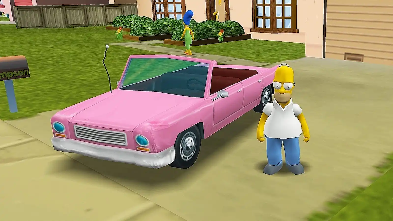 Captura de The Simpsons: Hit & Run con Homero al lado del sedán familiar rosa en una calle de Springfield
