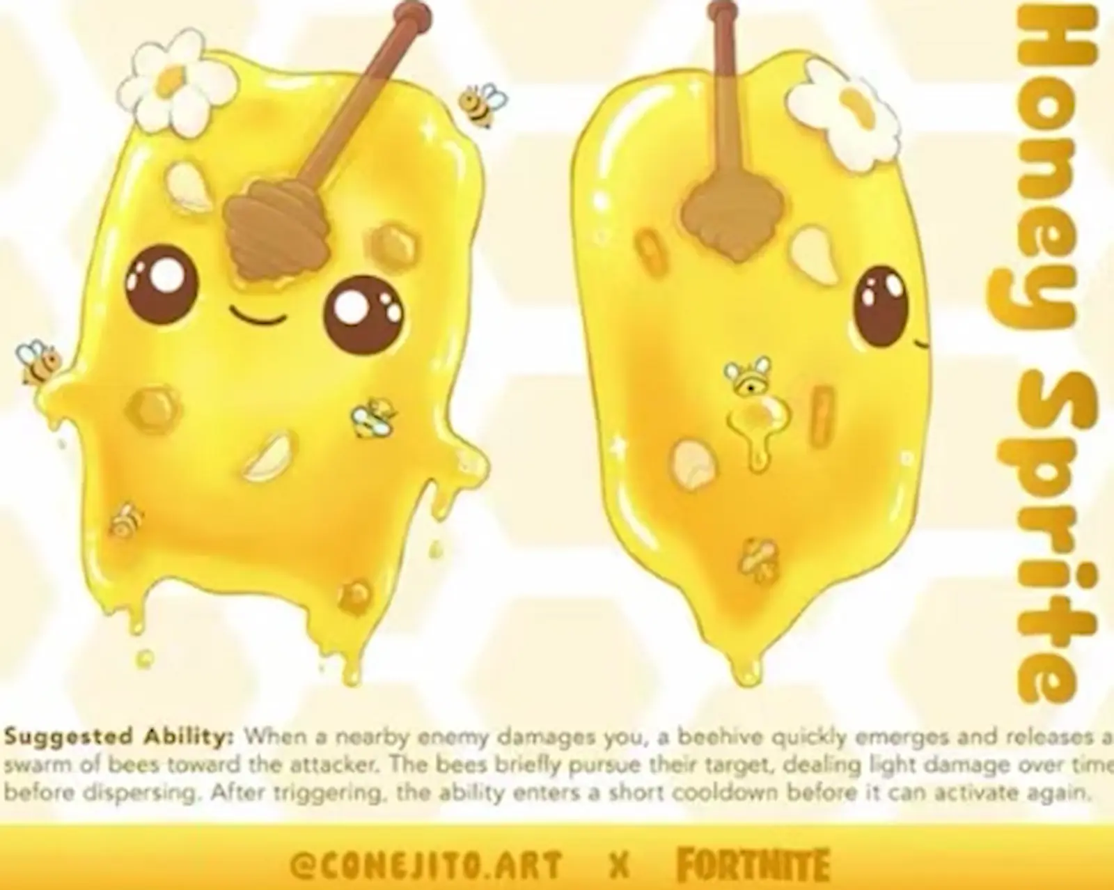 Diseño ganador del Honey Sprite de Fortnite: un espíritu de miel con abejas alrededor y un cucharón