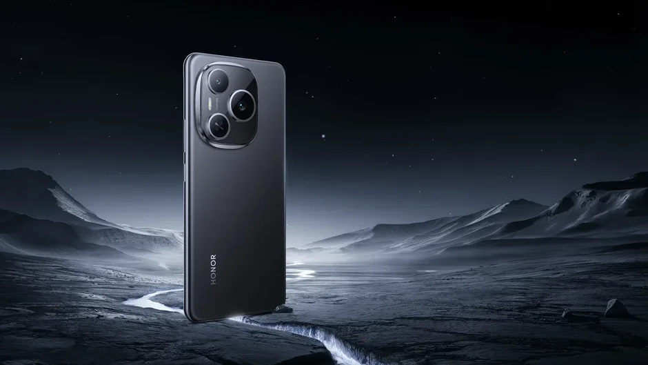 Render de un celular Honor negro sobre un paisaje de montañas
