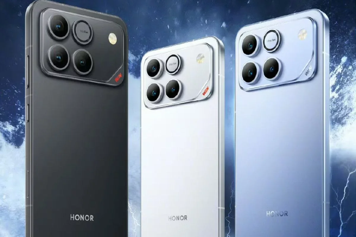 Tres celulares Honor de espaldas mostrando su módulo de cámaras, en el render que ilustra la filtración de la batería de 12000 mAh