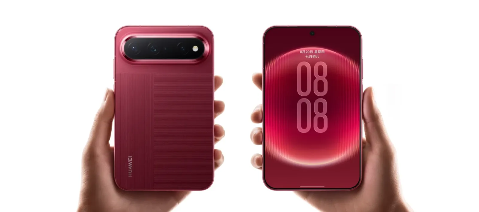 Huawei Pura X View en color rojo, de frente y de espaldas, con su pantalla ancha de formato 16:9.5