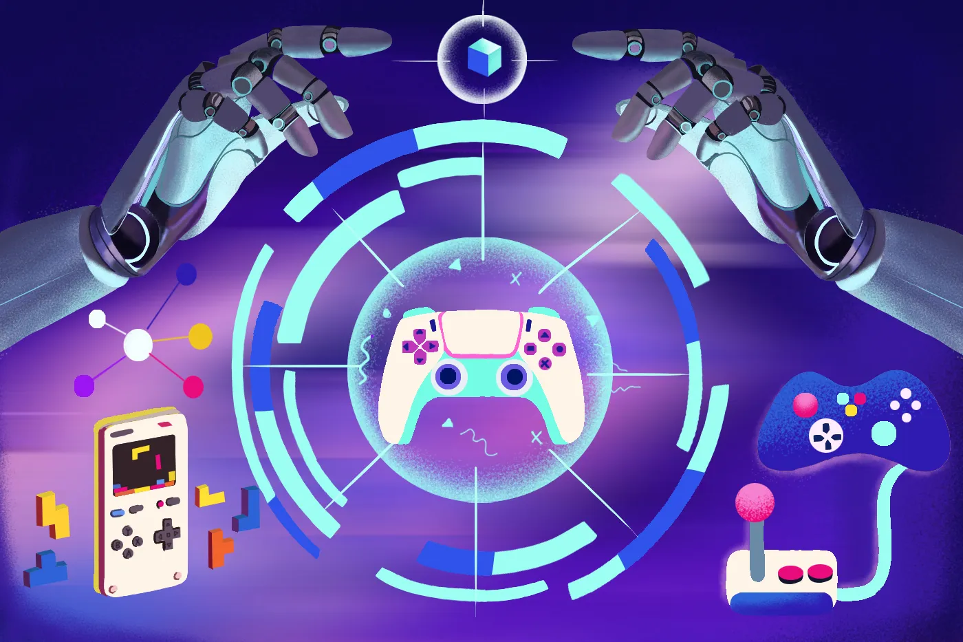 Ilustración sobre la IA en videojuegos: brazos robóticos rodean un joystick y varias consolas