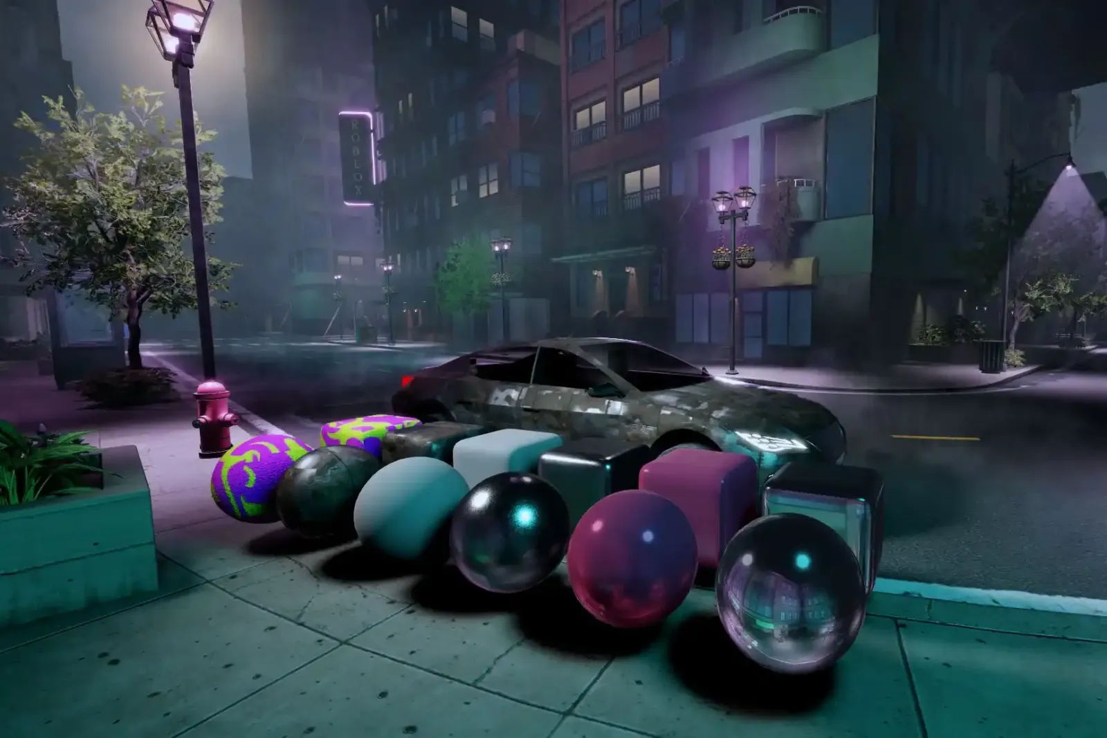 Ilustración de una calle nocturna con objetos y esferas de colores alineados junto a un auto camuflado