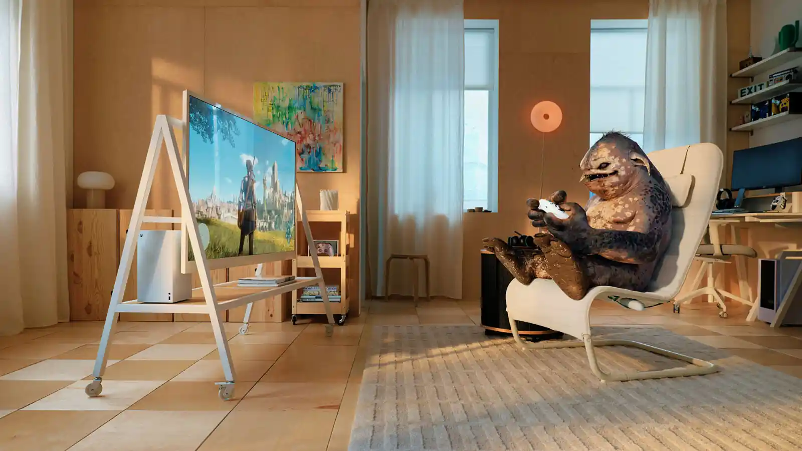 Living con el soporte de TV con ruedas de la colección YXSTABY de IKEA y Xbox
