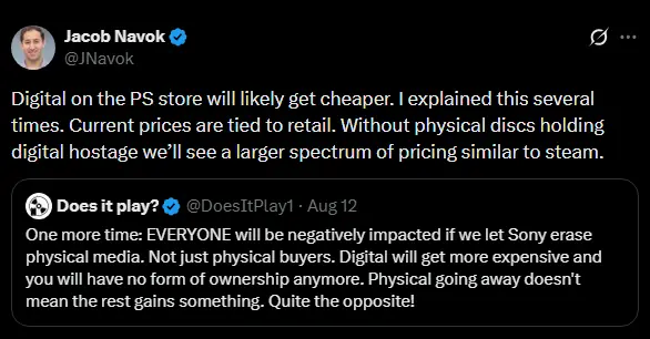 Posteo de Jacob Navok en X respondiendo a la cuenta Does it Play sobre los precios de PlayStation Store