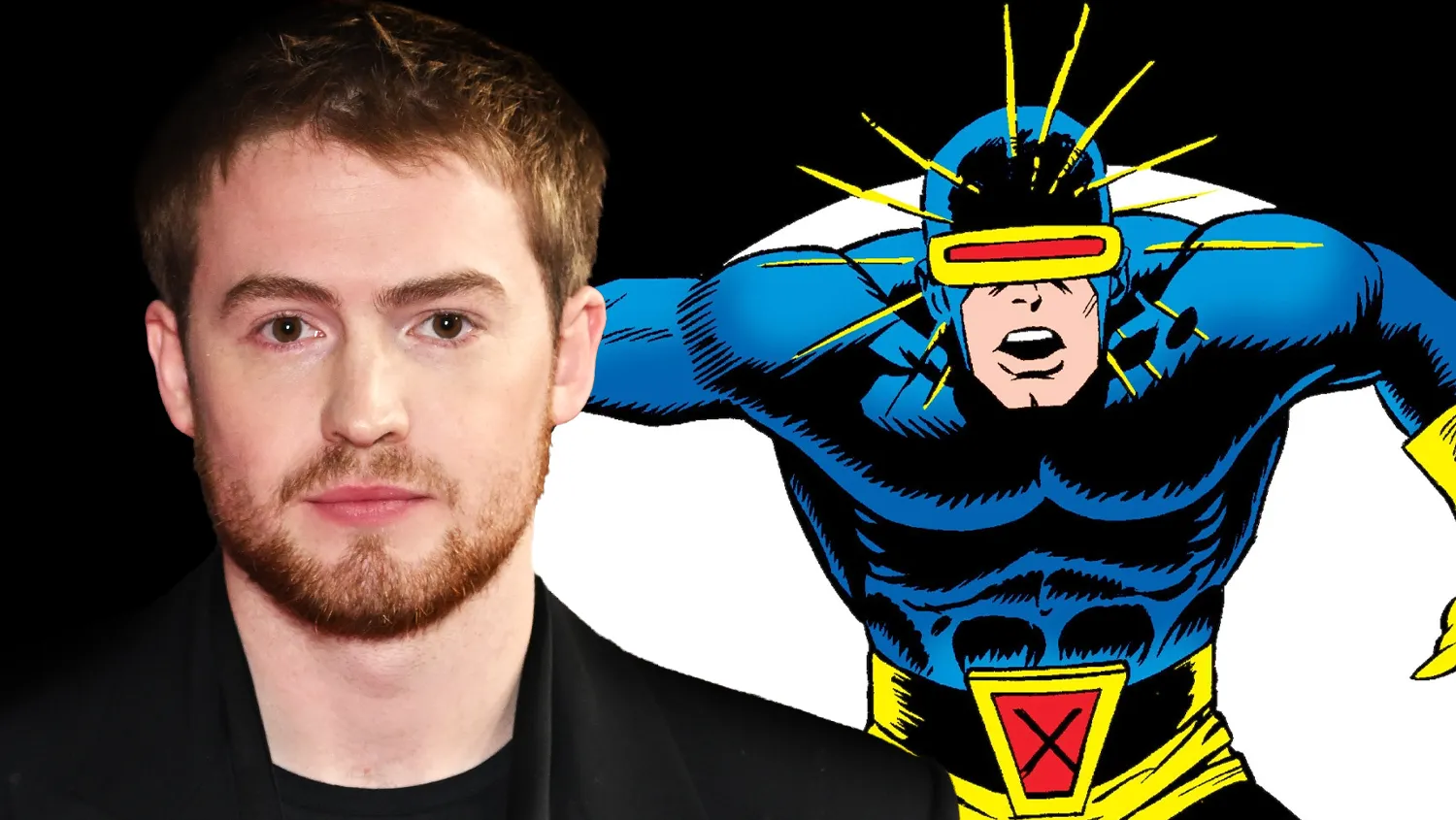 Kit Connor junto a una ilustración clásica de Cyclops de los cómics de X-Men