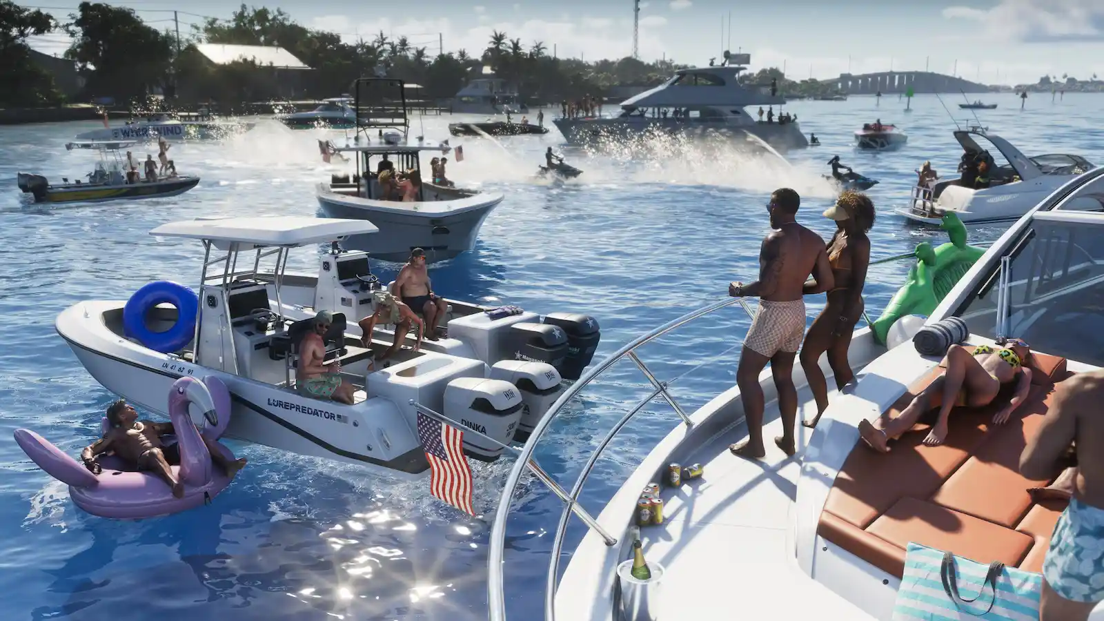 Lanchas y motos de agua con gente de fiesta en las costas de Leonida Keys en GTA 6
