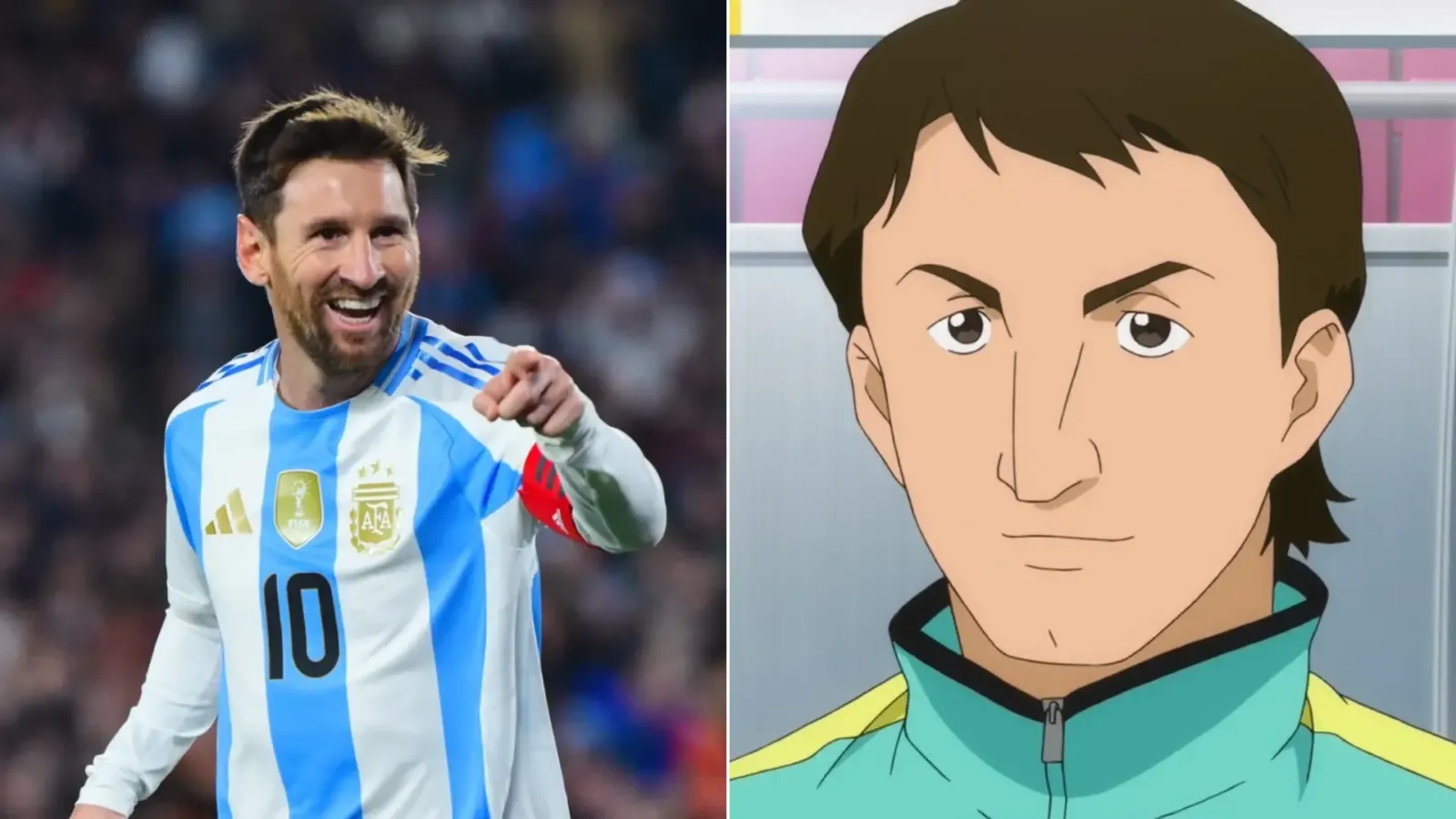 Lionel Messi con la camiseta de la Selección Argentina junto a su versión animada en un anime de fútbol