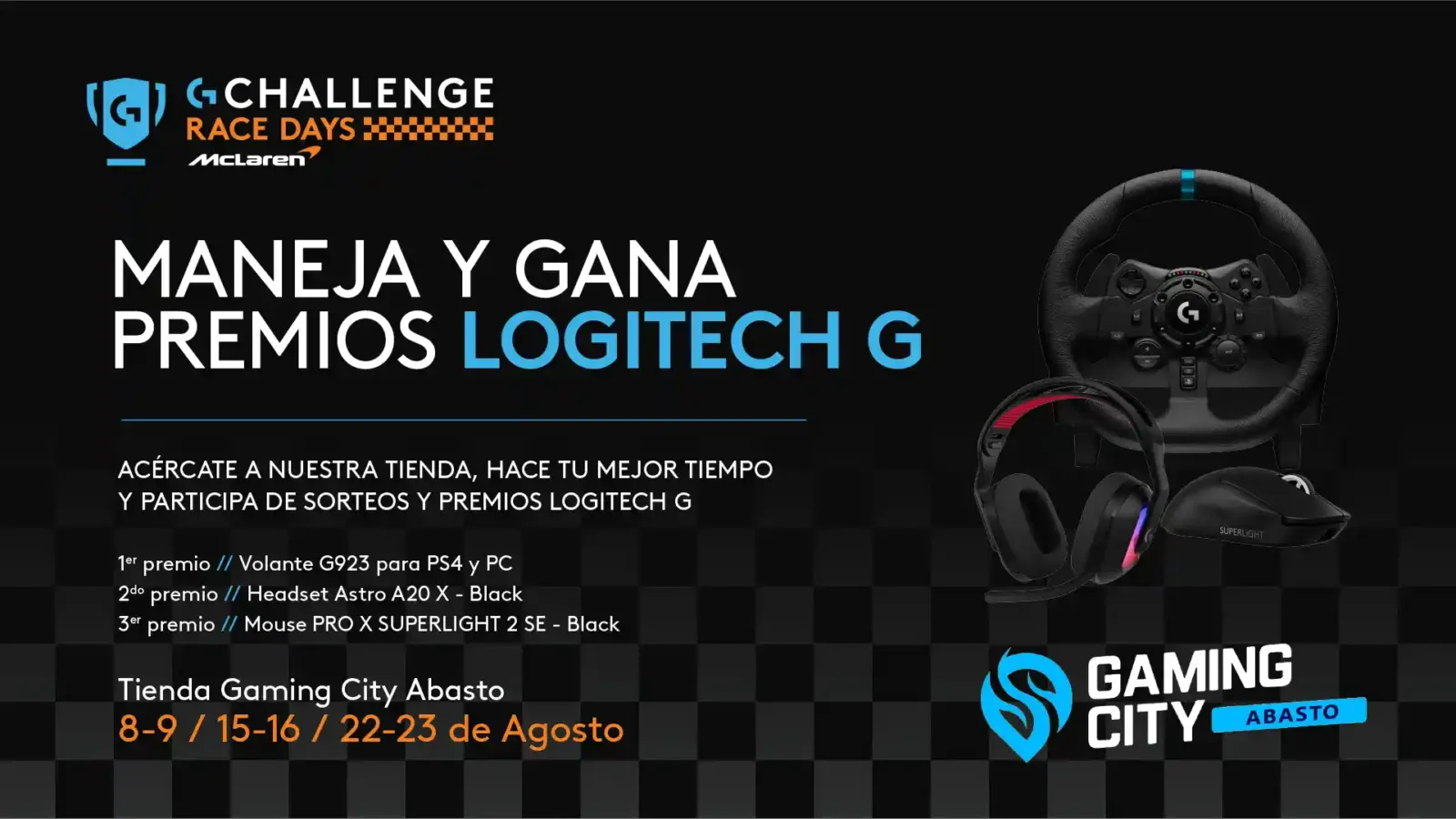 Placa oficial de los Race Days de Logitech G con las fechas y los premios de Gaming City Abasto