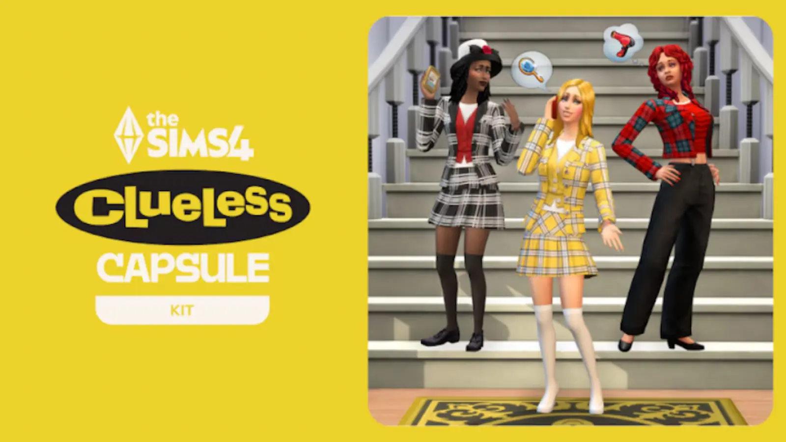 Arte oficial del Clueless Capsule Kit de Los Sims 4 con tres Sims vestidas a cuadros