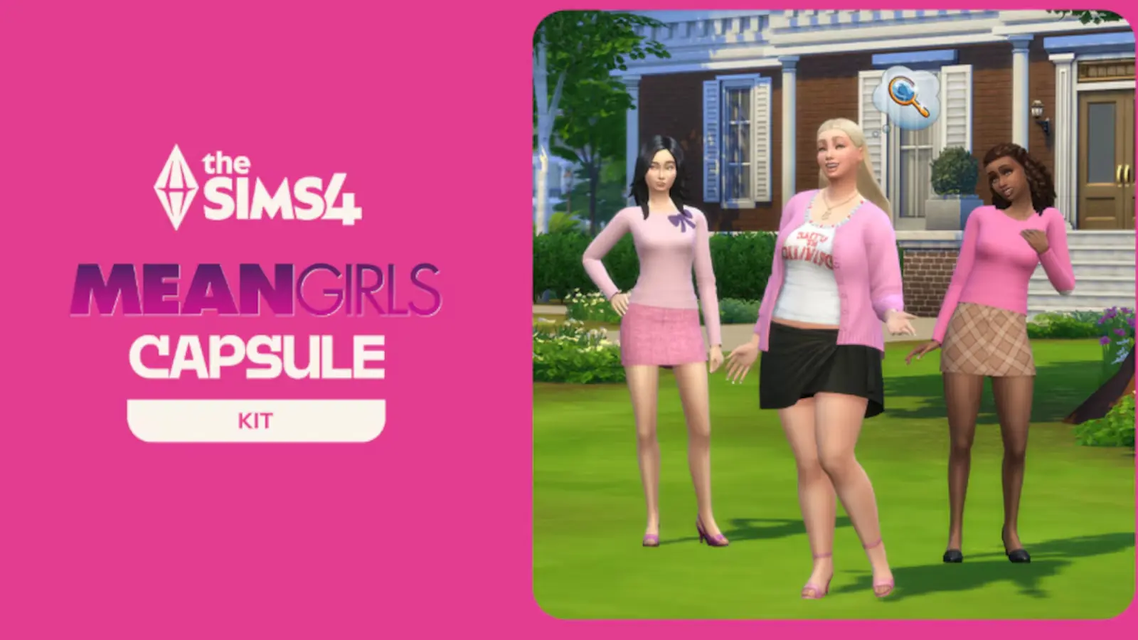 Arte oficial del Mean Girls Capsule Kit de Los Sims 4 con Sims vestidas de rosa