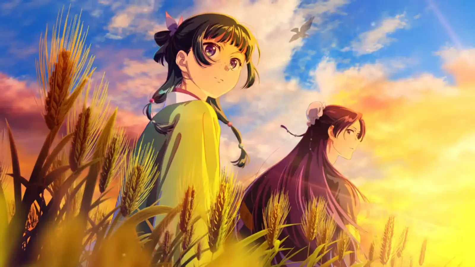 Maomao y Jinshi en un campo de trigo en el arte promocional de la temporada 3 de Los Diarios de la Boticaria