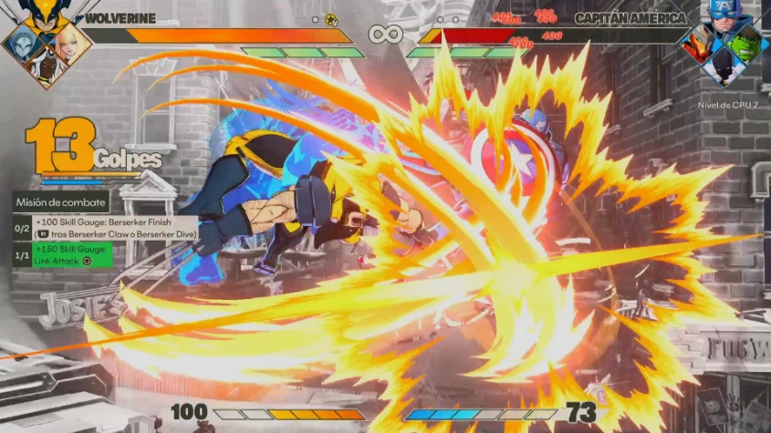 Combate entre Wolverine y Captain America en MARVEL Tokon: Fighting Souls, con un combo de 13 golpes en pantalla