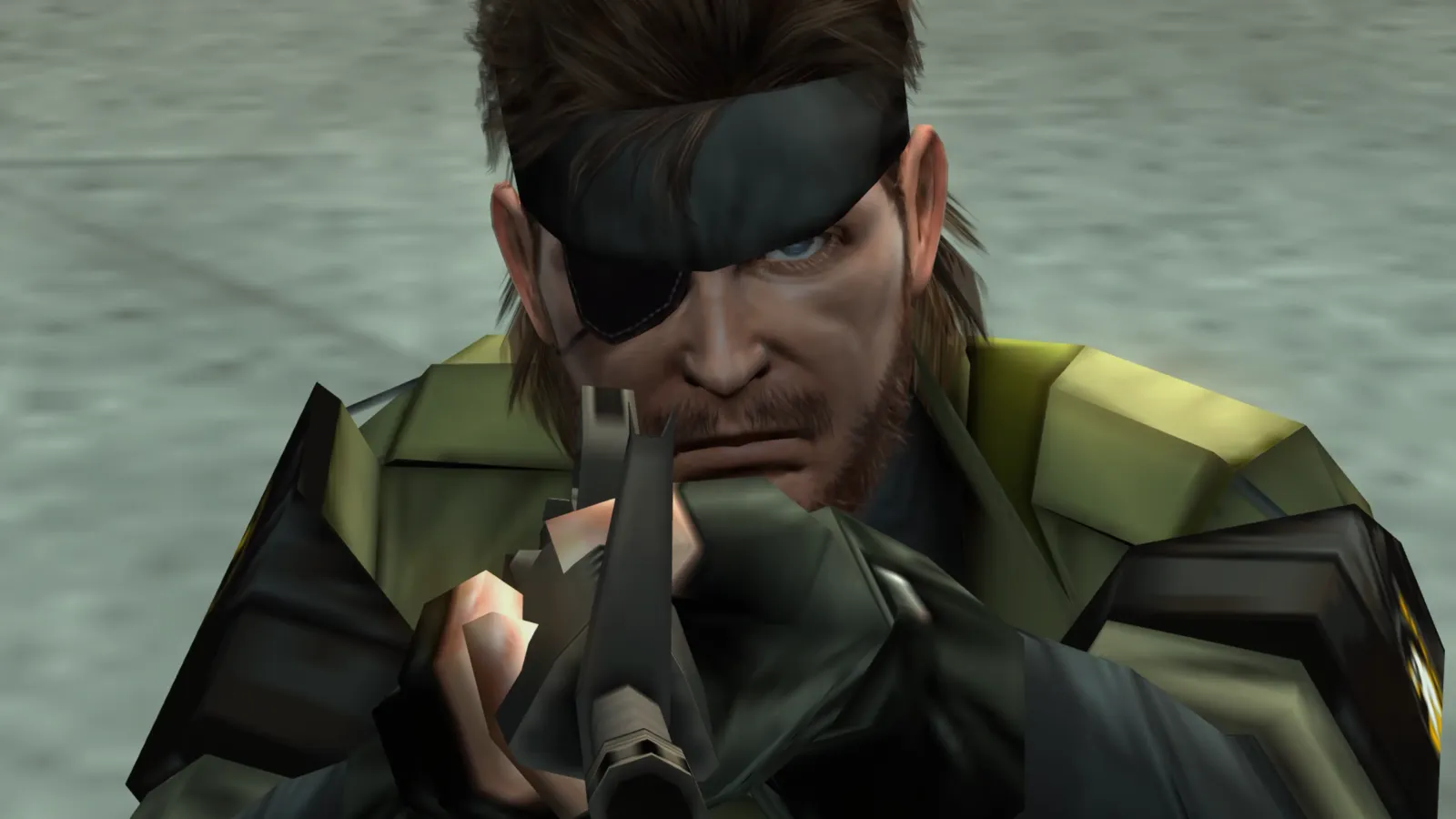 Big Boss con parche en el ojo apuntando su arma en Metal Gear Solid: Peace Walker