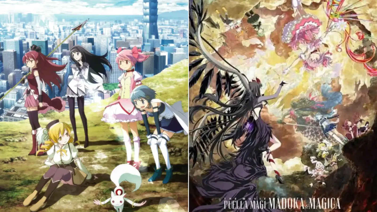 Las chicas mágicas de Madoka Magica junto al arte de la película que se estrena en Argentina