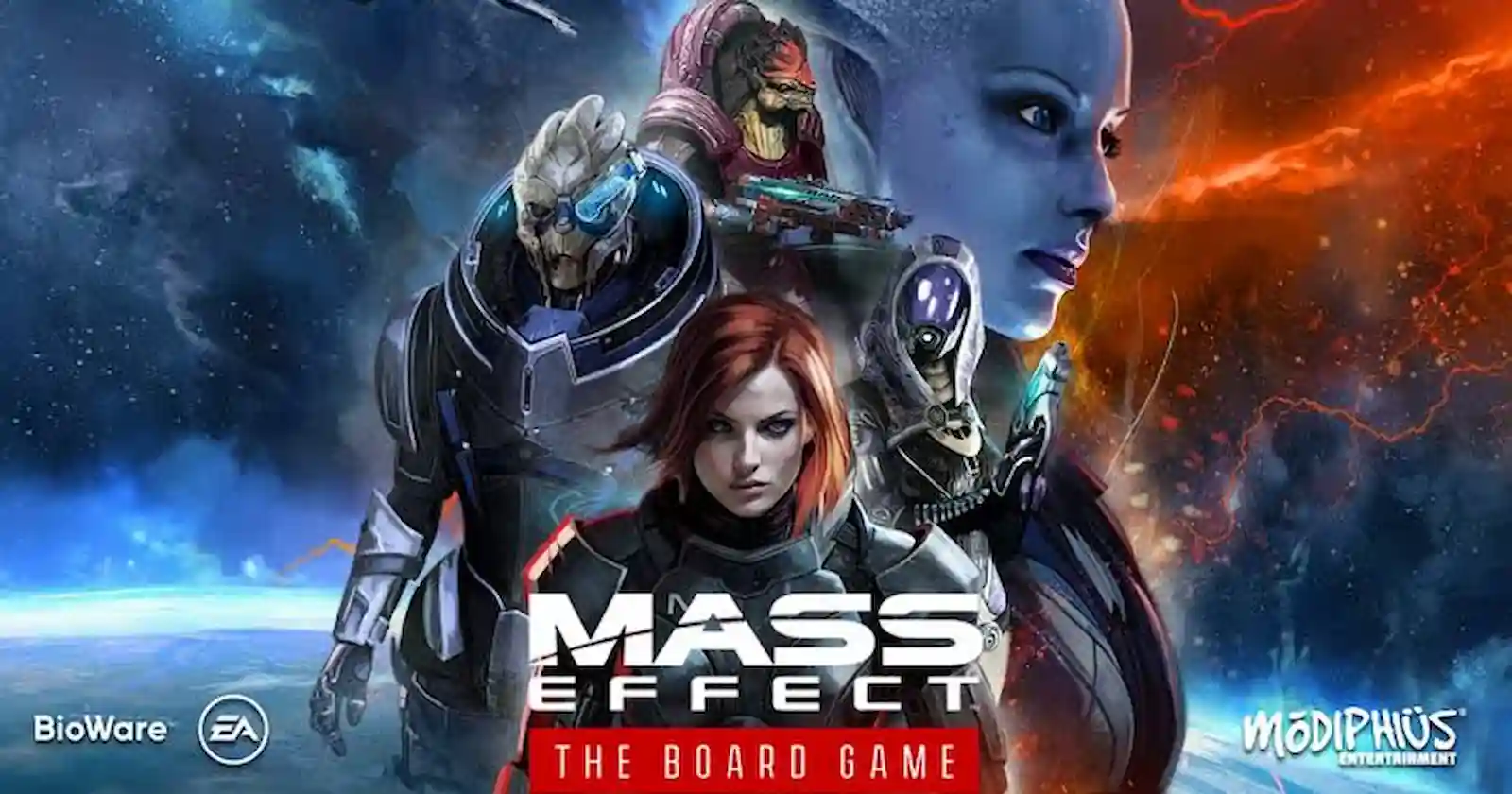 Arte oficial del Mass Effect juego de mesa Priority Hagalaz con Garrus, la Comandante Shepard y Liara